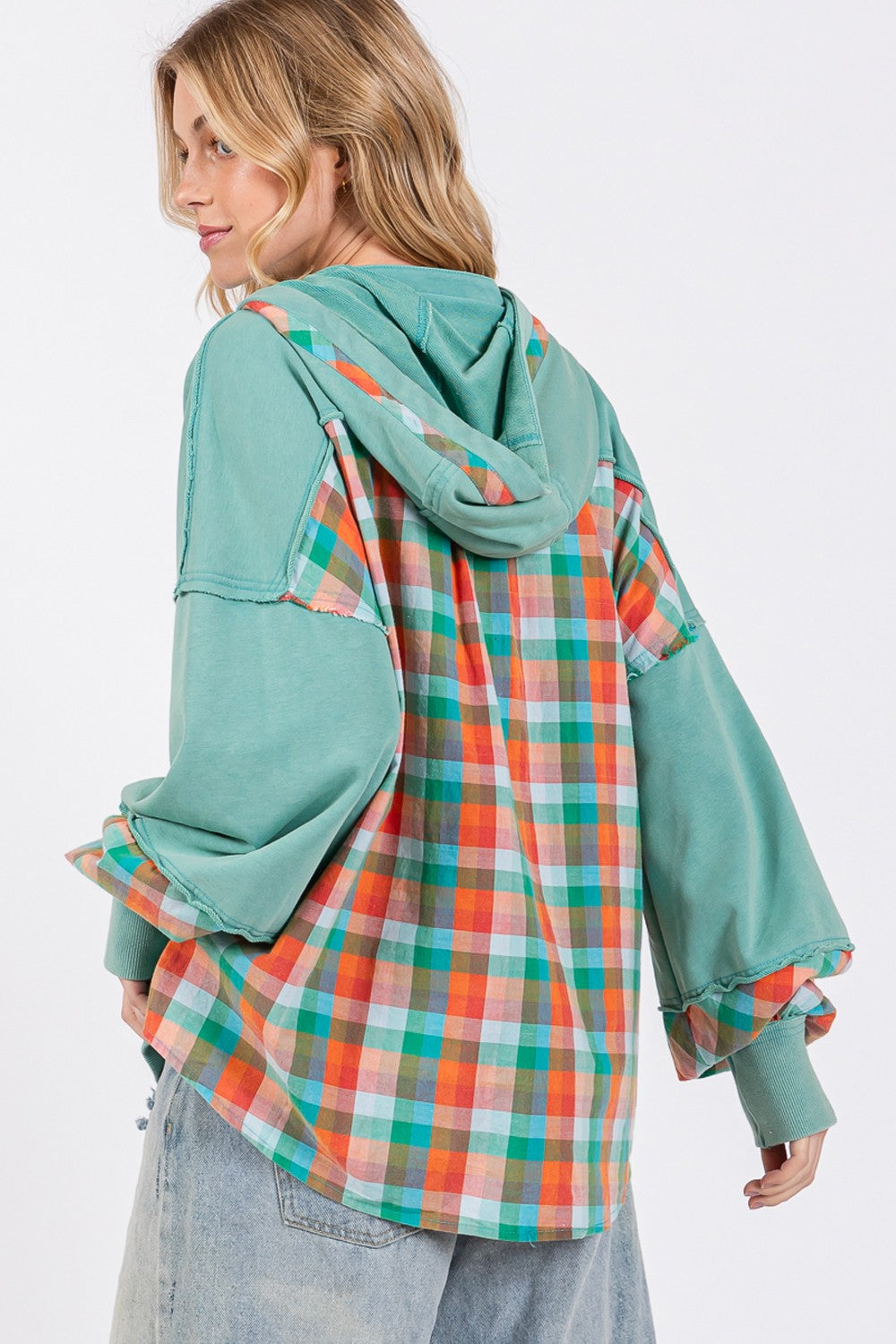 SAGE + FIG Eucalyptus Plaid Print Washed Hoodie Eucalyptus Trendsi