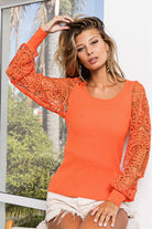 BiBi Coral Round Neck Crochet Lace Sleeve Knit Top Trendsi
