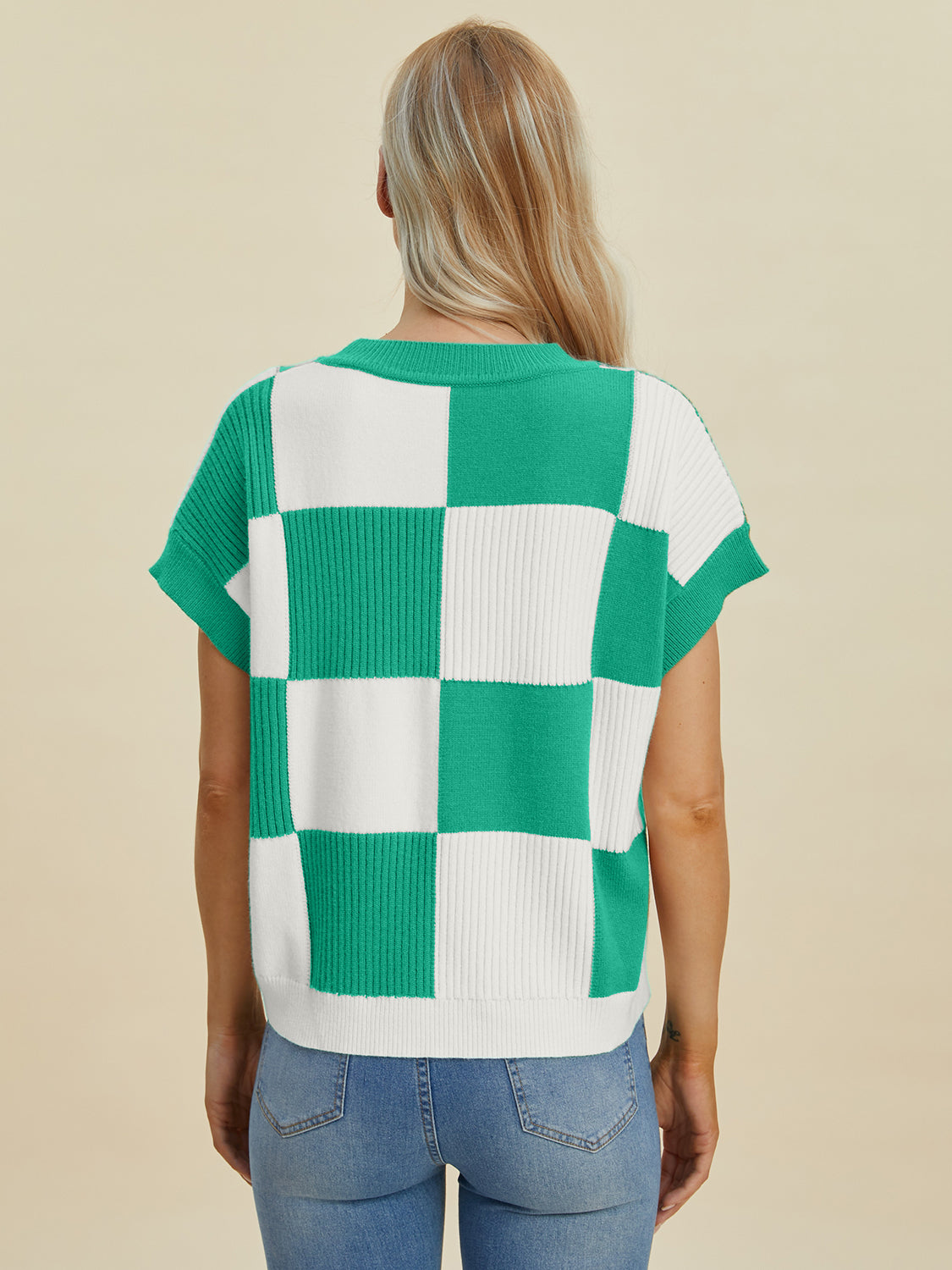 Double Take Checkered Round Neck Short Sleeve Sweater Trendsi