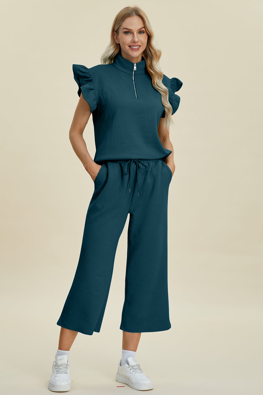 Double Take Geometric Textured Ruffle Short Sleeve Top and Wide Leg Pants Set Deep Teal Trendsi