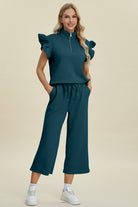 Double Take Geometric Textured Ruffle Short Sleeve Top and Wide Leg Pants Set Deep Teal Loungewear