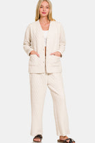 Zenana Beige Quilted Button Up Long Sleeve Top and Pants Lounge Set Beige