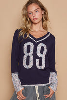 POL 89 V-Neck Long Sleeve Floral Number Patch T-Shirt Trendsi