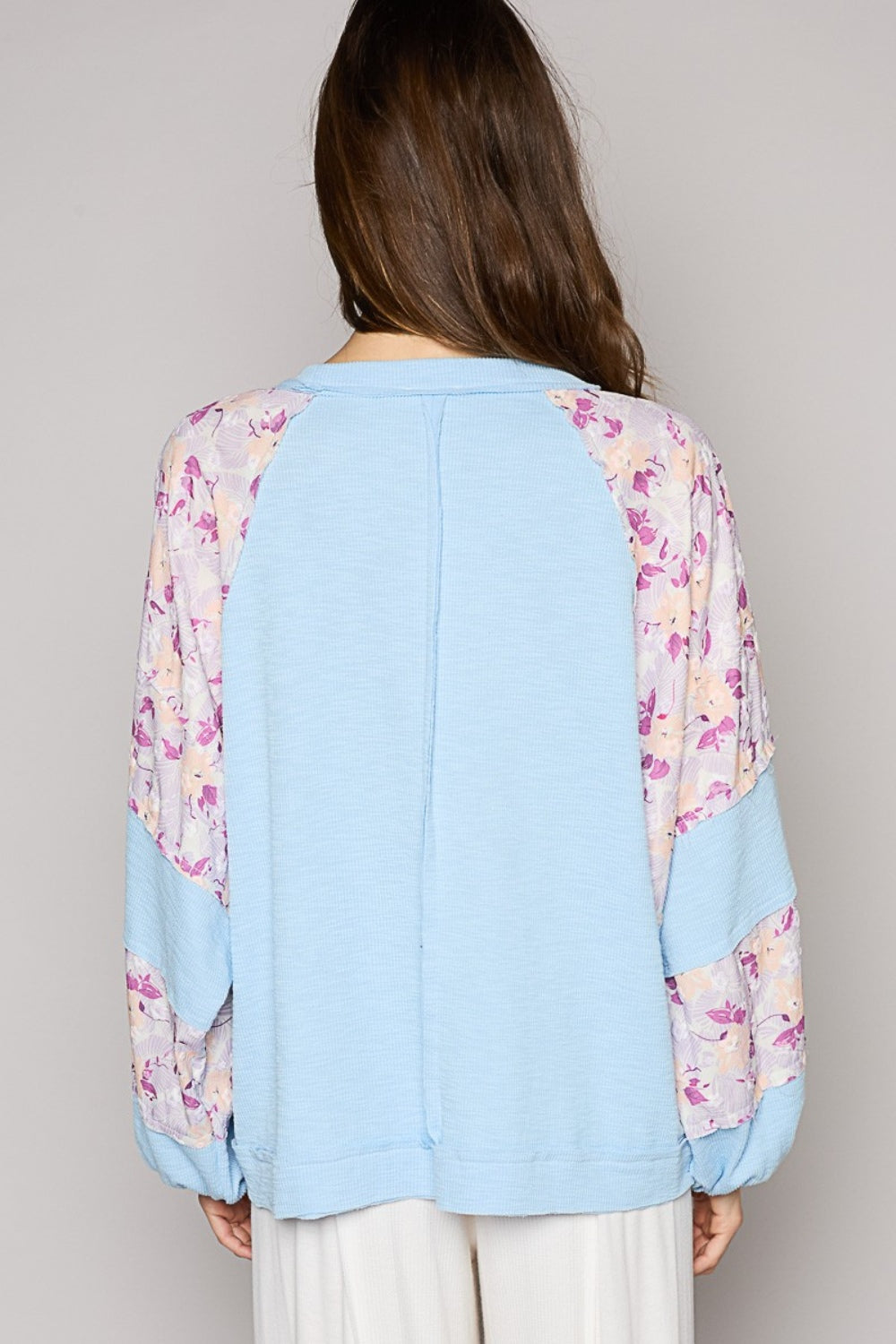 POL Round Neck Balloon Floral Long Sleeve Top Trendsi