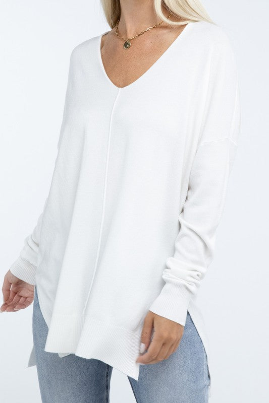 Zenana Hi-Low Hem Front Seam Sweater in 5 Colors IVORY ZENANA