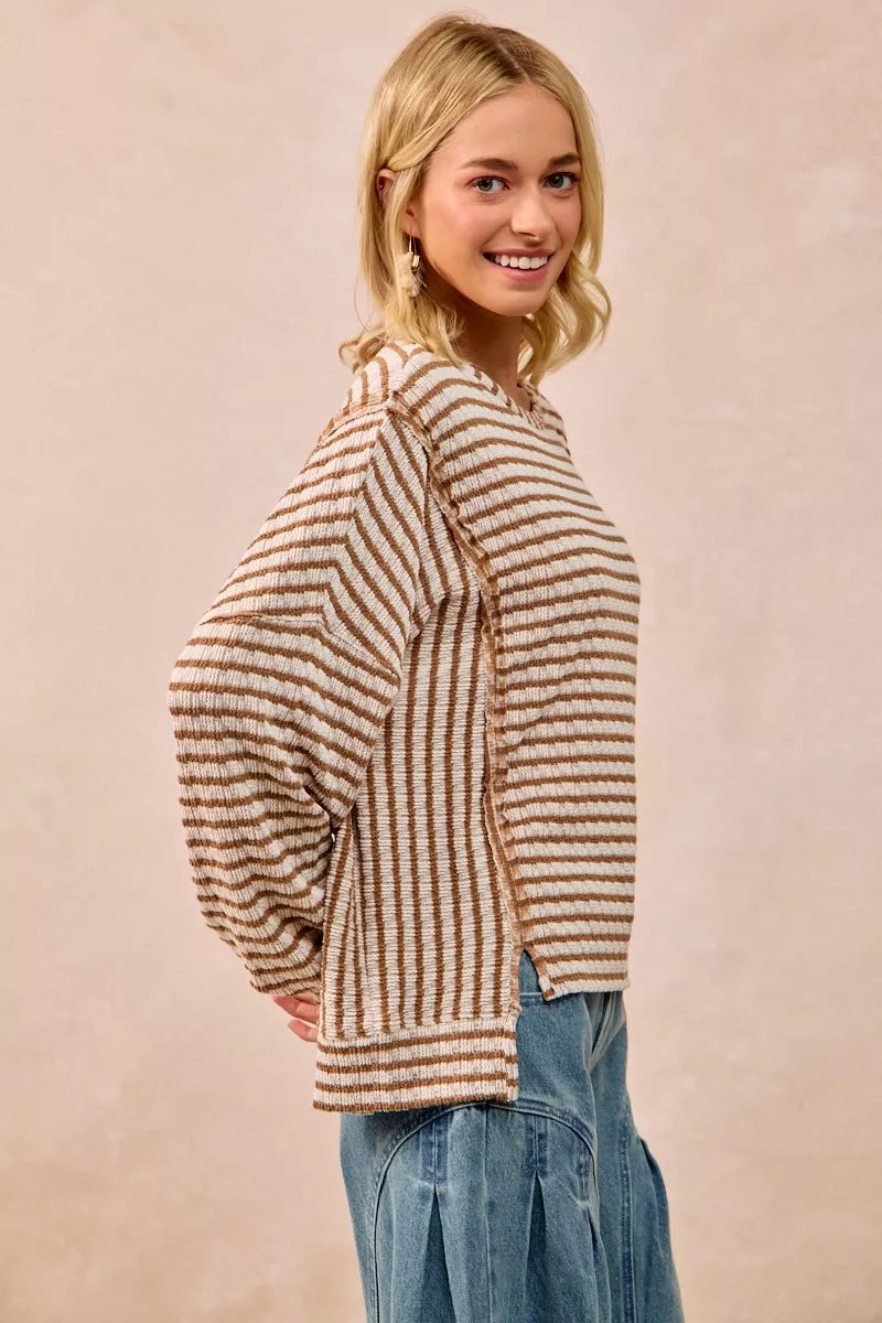 BiBi Camel Open Seam Detail Textured Stripe Knit Top
