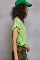 POL Lime V-Neck Short Sleeve T-Shirt with Ruffle Sleeve