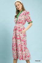 Umgee Pink Mix Floral Ruffle Trim Tiered Midi Dress