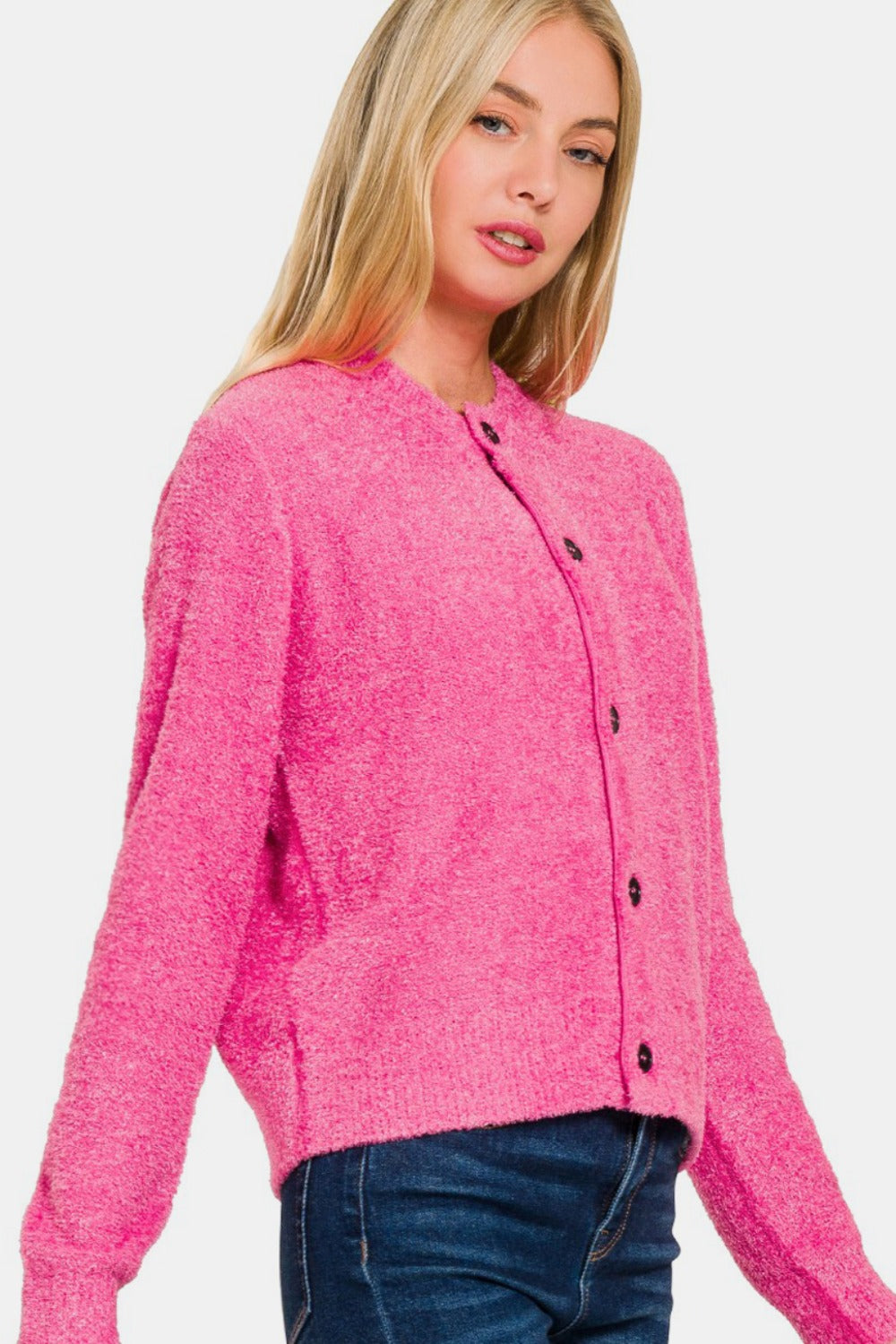 Zenana Fuchsia Button Down Long Sleeve Sweater Cardigan Fuchsia Trendsi