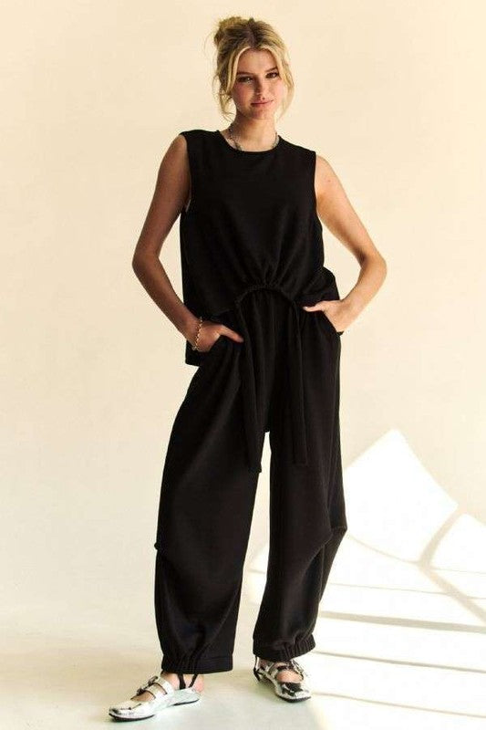 Davi & Dani Black Drawstring Hem Round Neck Tank and Pants Set Black Loungewear Set