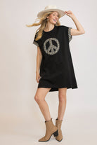 Umgee Black Peace Plaid Applique Short Sleeve Mini Dress Black Dresses