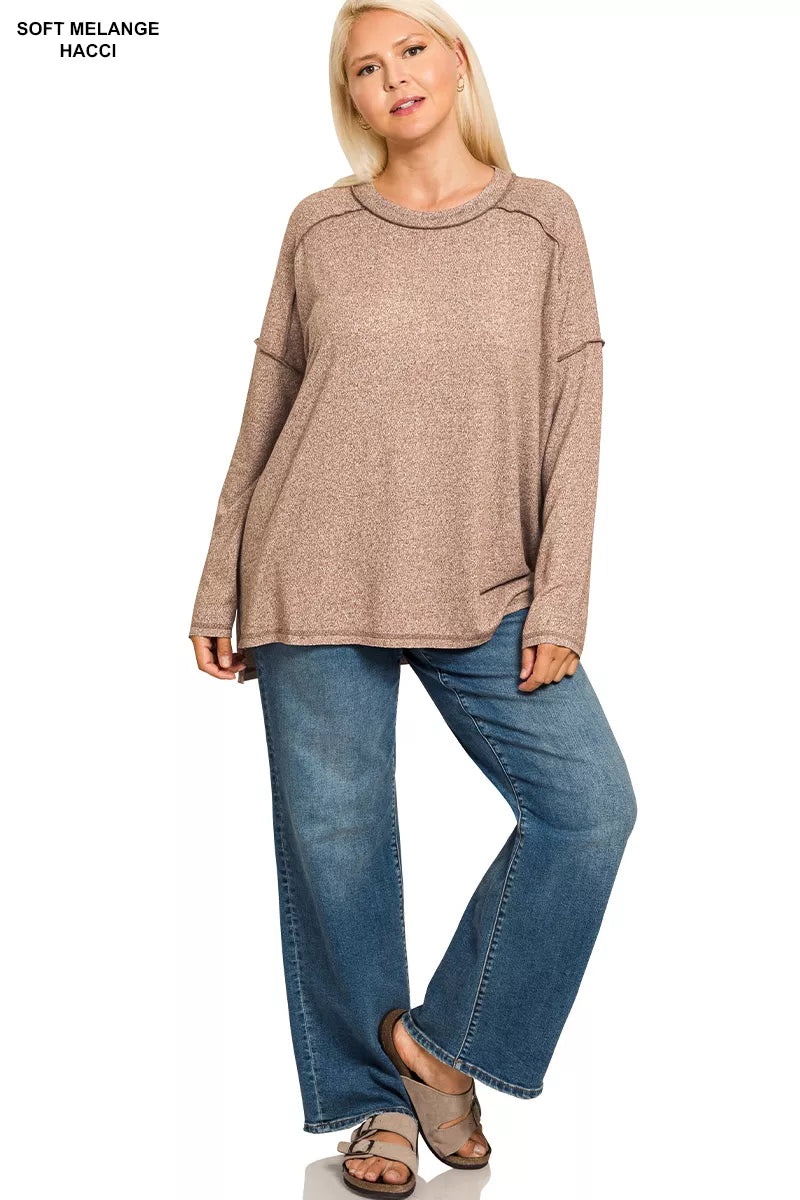 Zenana Brown Melange Hacci Exposed Seam Hi-low Tee