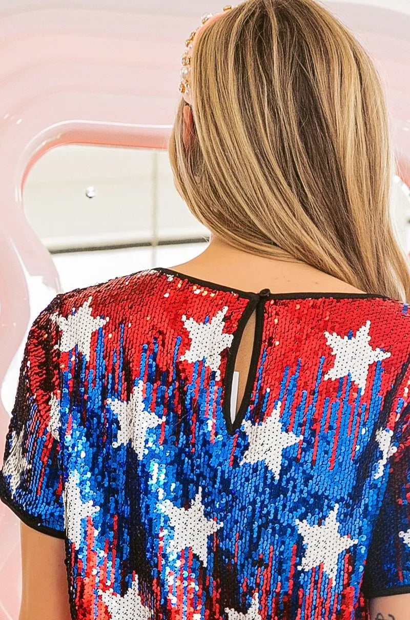 BiBi Red & Navy American Theme Star Pattern Sequin Top