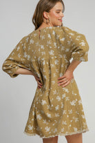 Umgee Raw Hem Floral Print Round Neck Denim Dress in Mocha Dresses