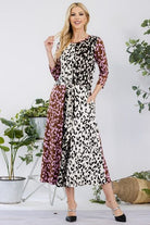 Celeste Leopard Color Block Front Tie Midi Dress BEIGE LEOPARD