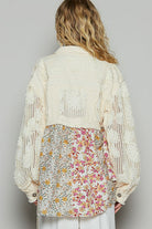 POL Cream Floral Crochet Lace Frayed Edge Button Up Shacket