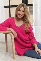 ADORA Hot Pink High-Low Side Slit V-Neck Sweater