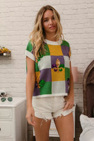 BiBi Sequin Embroidery Mardi Gras Checker Sweater Top
