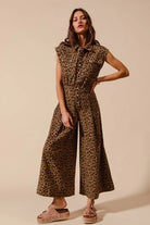 SO ME Wide Leg Leopard Twill Overalls Jumpsuit with Tuck Pleats