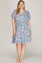 She + Sky Turquoise Ruffled Hem Printed Surplice Kimono Sleeve Mini Dress Plus Size