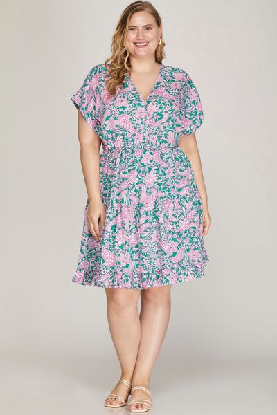 She + Sky Turquoise Ruffled Hem Printed Surplice Kimono Sleeve Mini Dress Plus Size