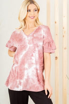 Heimish Mauve & Ivory Ruffled Sleeve Tie Dye Top