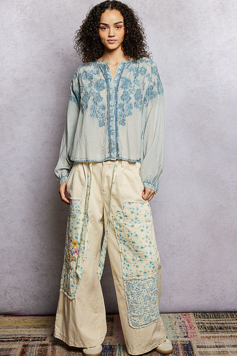 POL Denim Blue Floral Embroidered Button Down Long Sleeve Shirt
