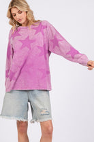 SAGE + FIG Moon Light Mauve Mineral Washed Star Pattern Long Sleeve Top Shirts & Tops