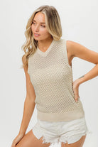BiBi Oatmeal Knitted Beaded Pearl V Neck Sleveless Sweater Top