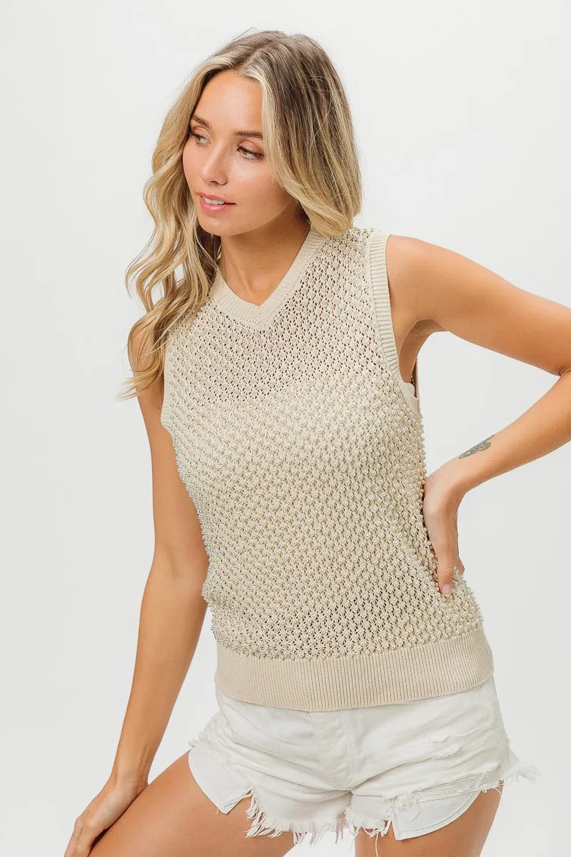BiBi Oatmeal Knitted Beaded Pearl V Neck Sleveless Sweater Top