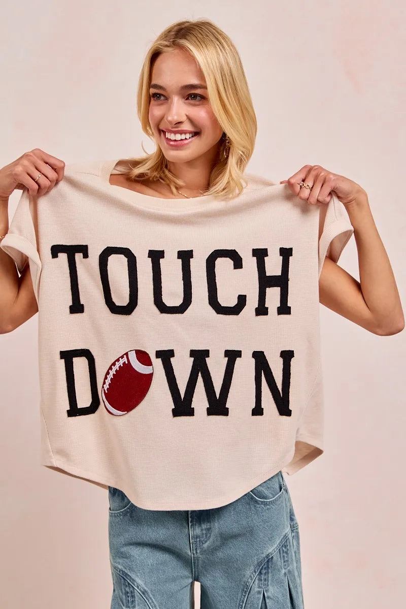 BiBi Oatmeal & Black Game Day Touchdown Letter Patches Waffle Short Top