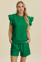 Double Take Geometric Textured Round Neck Ruffle Sleeve Top and Shorts Set Dark Green Trendsi