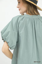 Umgee Mint Blue Lace Inset Puff Sleeve Boho Blouse