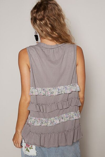 POL Stone Gray Ruffled Open Front Sleeveless Cardigan