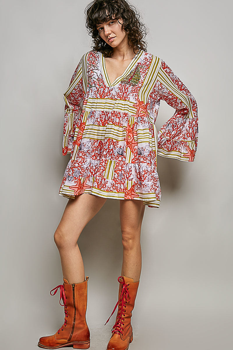 POL Ivory/Red Striped Floral Long Sleeve Mini Dress with Pintuck Detail