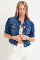 RISEN Dark Washed Puffed Short Sleeve Crop Denim Jacket DARK