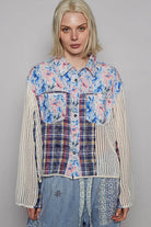 POL Long Sleeve Crochet Floral Print Slit Back Plaid Patchwork Shirt Blue