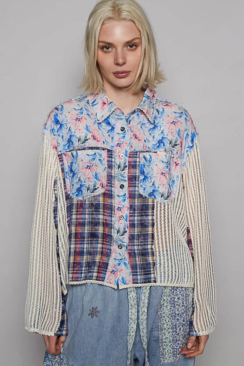 POL Long Sleeve Crochet Floral Print Slit Back Plaid Patchwork Shirt Blue
