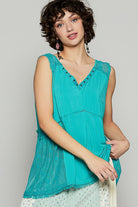 POL Turquoise Lace Detail Studded Crisscross Back V-Neck Sleeveless Top Turquoise