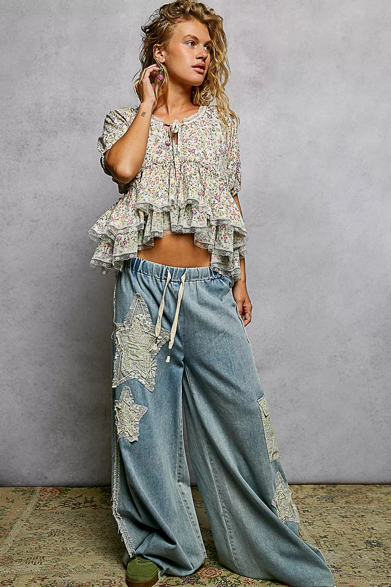 POL Floral Short Balloon Sleeve Ruffled Blouse