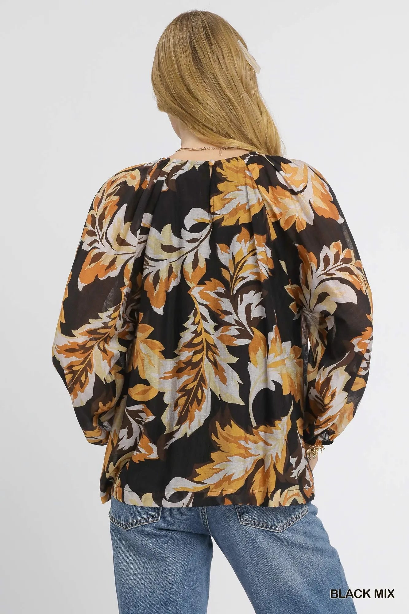 Umgee Black Mix Abstract Print Balloon Sleeve Blouse