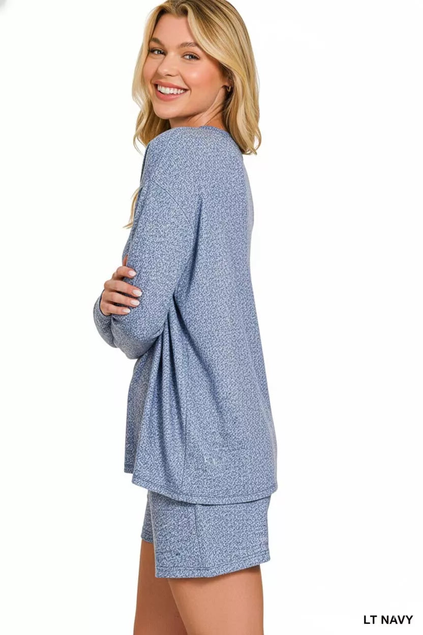Zenana Light Navy Soft Melange Long Sleeve Tee and Shorts Set