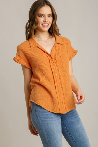 Umgee Tangerine Frayed Hem Collared Neck Short Sleeve Shirt Tangerine