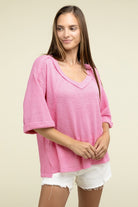 Zenana Brushed Waffle Exposed-Seam 3/4 Sleeve Top ZENANA