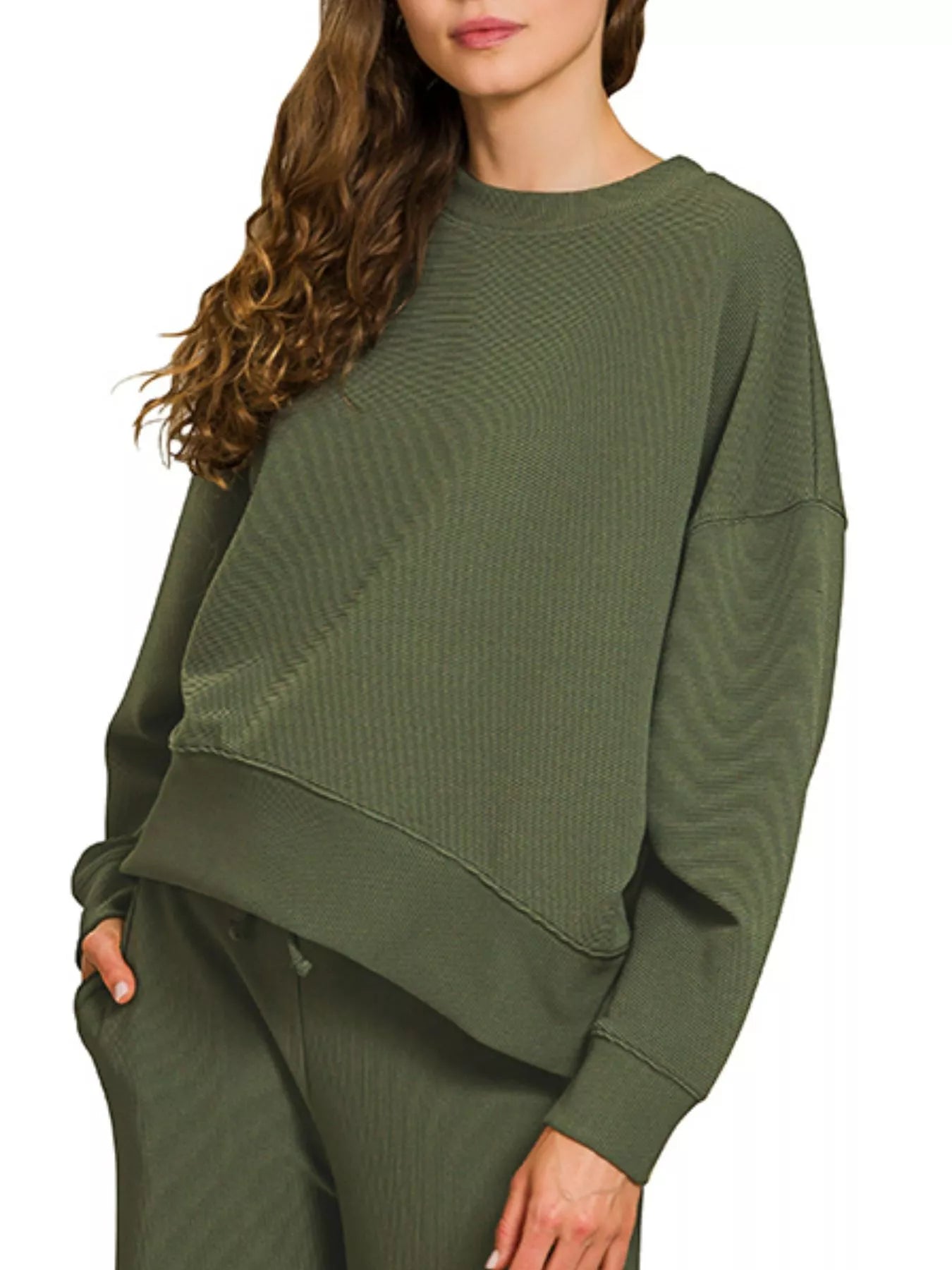 Zenana Dark Olive Ribbed Round Neck Pullover and Drawstring Pants Set