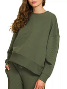 Zenana Dark Olive Ribbed Round Neck Pullover and Drawstring Pants Set