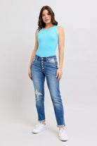 Judy Blue Medium Washed Button Fly Distressed Boyfriend Fit Jeans Medium