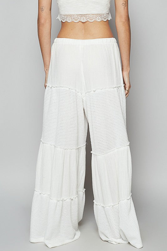 POL Ivory Waffle-Knit Drawstring Wide Double Gauze Leg Pants