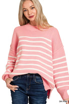Zenana Dark Pink Exposed Seam Striped Oversized Sweater DK PINK