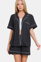 Zenana Black Button Down Short Sleeve Top and Shorts Lounge Set Black Loungewear